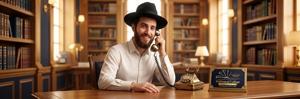 בחור ישיבה מחייך ומדבר בטלפון במשרד המכללה הרבנית בבוסטון